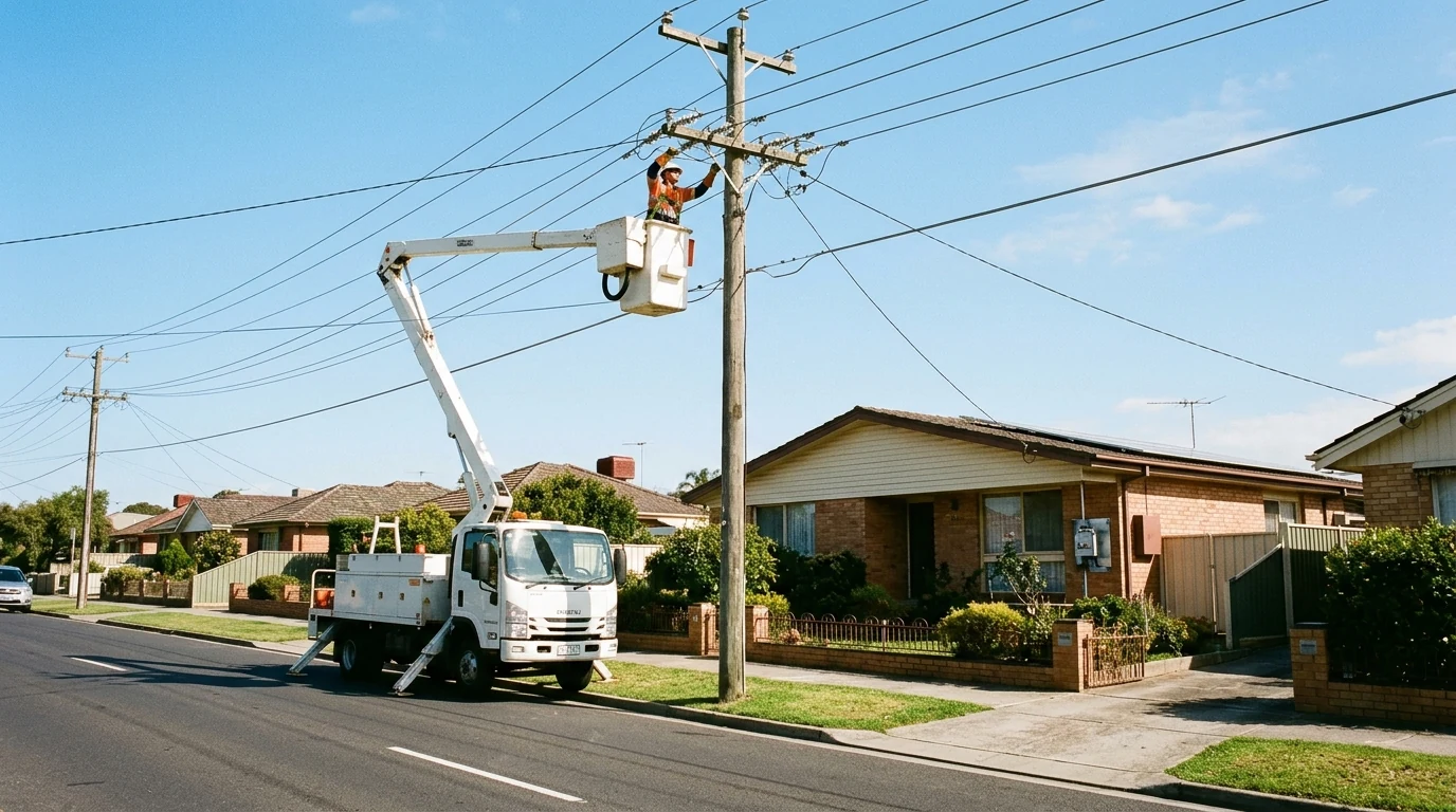 Overhead mains cables and power pole on a suburban street, worker in a bucket truck installing new mains