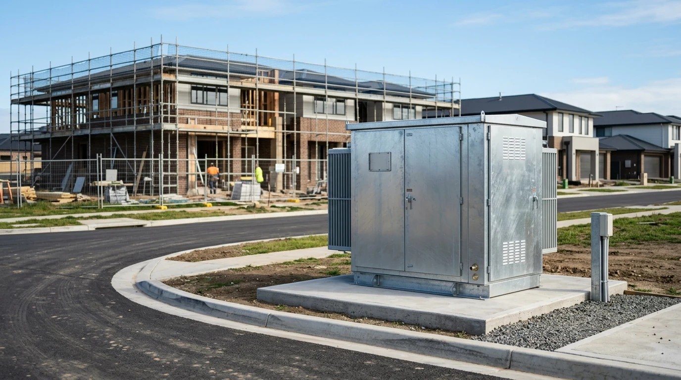 Modern padmount transformer cabinet in a new residential subdivision