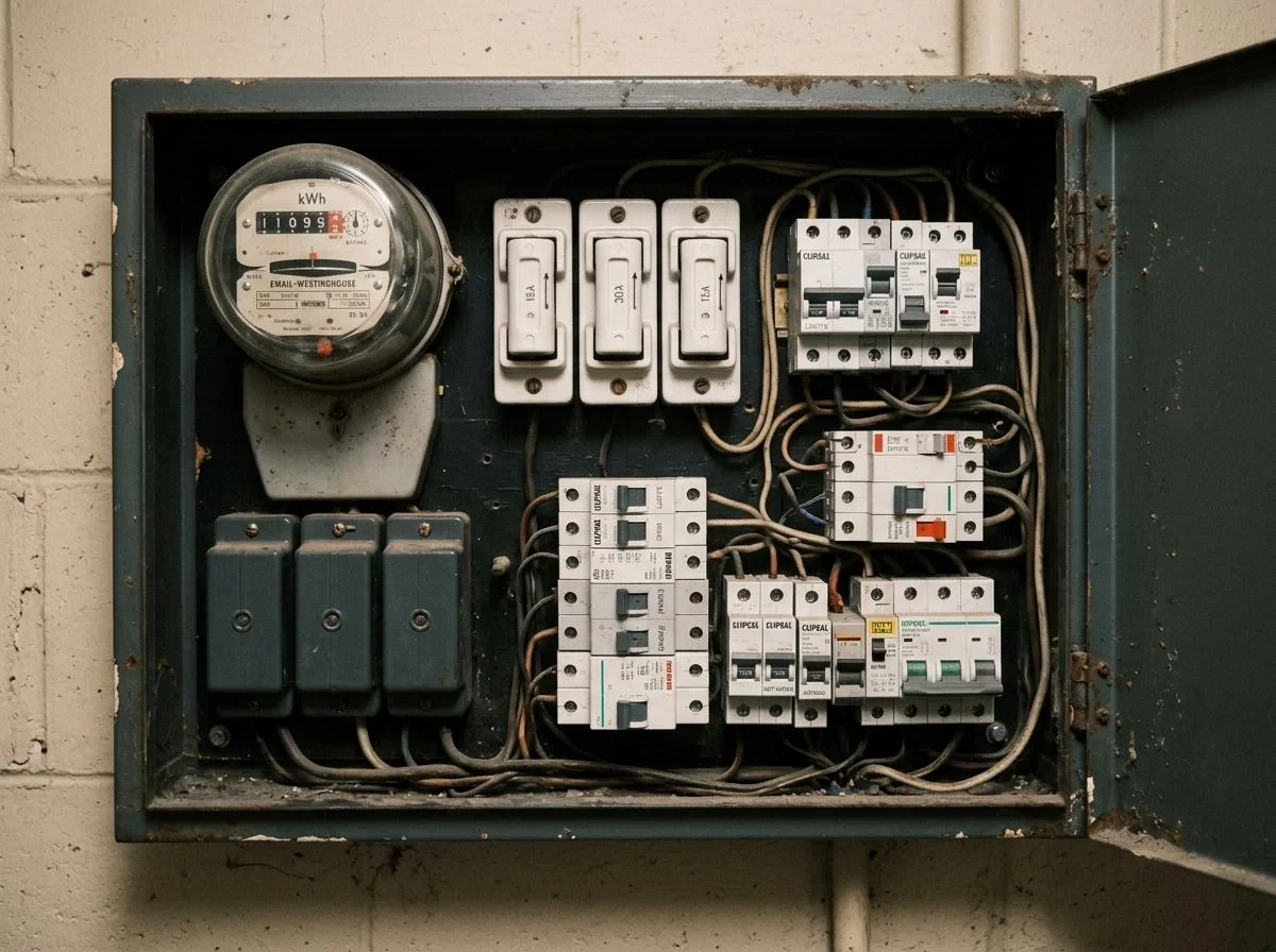 Old switchboard with ceramic rewireable fuses before upgrade
